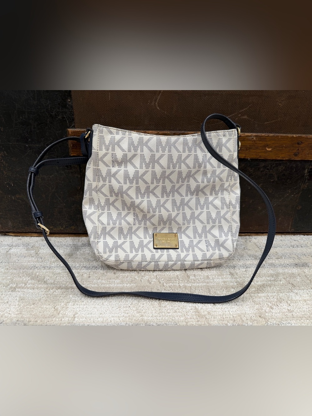 Michael Kors Cream and Navy MK Logo Crossbody Bag